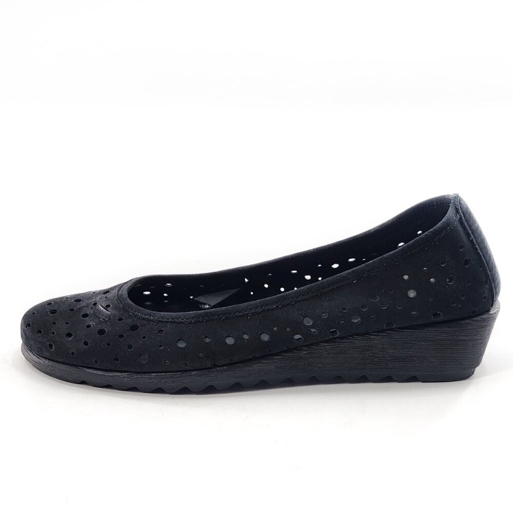 THE FLEXX Nubuck Leather Perforated Low Wedges Black Size 8.5 - Picture 3 of 6